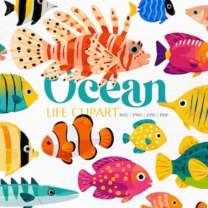 May include: A digital illustration set featuring various colorful fish including a lionfish, clownfish, and angelfish. The text Ocean LIFE CLIPART SVG | PNG | EPS | PDF is centered in the middle of the collection of diverse marine life.
