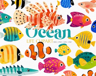 Meereslebewesen-Clipart-Paket mit Fischen – Bunte, handgezeichnete Meerestiere für Kinderdekoration und Bastelarbeiten