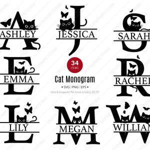 Gesplitste monogram kat bundel, SVG, kattenliefhebber tekst clipart, letter afbeelding, alfabet bundel, eerste naam, familienaam, commercieel gebruik