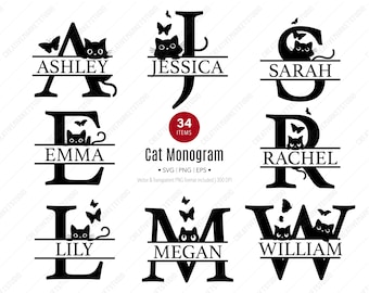 Zestaw SVG z monogramem kota – clipart z podzielonym alfabetem do tworzenia niestandardowych imion i prezentów rodzinnych