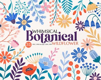 Verspielte botanische Wildblumen-Cliparts – 31 handgezeichnete florale Elemente als PNG- und Vektorgrafiken für Bastelarbeiten