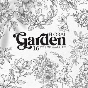Lot de cliparts jardin floral - dessin au trait botanique pour travaux manuels, cartes, tasses, invitations, fleurs et couronnes dessinées à la main pour mariages