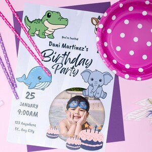 May include: A birthday party invitation featuring a child's photo, cartoon animals, and the text "Dani Martinez's Birthday Party." The invitation is accompanied by a pink polka-dot plate, purple straws, and other party supplies, all set against a pink background.