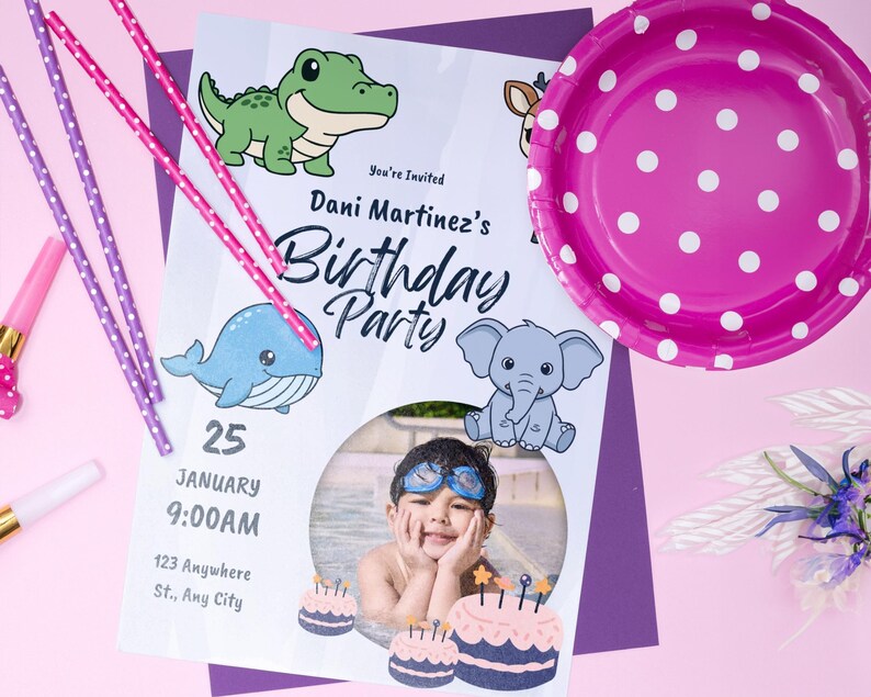 May include: A birthday party invitation featuring a child's photo, cartoon animals, and the text "Dani Martinez's Birthday Party." The invitation is accompanied by a pink polka-dot plate, purple straws, and other party supplies, all set against a pink background.