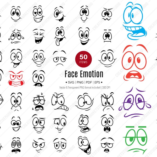 Face Emotion SVG Bundle, Cute Funny Emoji and Cartoon Expressions, Smiley Icons, SVG Cut Files for Cricut, Silhouette, Gift