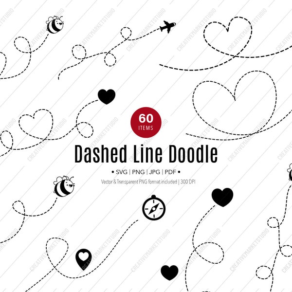 Dotted Line SVG, Dashed Line Doodles Set, pin dotted line, heart shape, airplane dotted line, ship journey, Dotted Line Doodles, Dashed Line
