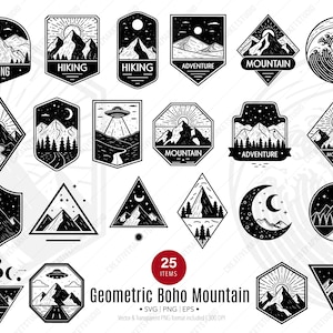 May include: A selection of 25 monochrome geometric designs featuring mountains, suns, moons, and adventure themes. The designs include text such as "Hiking" and "Adventure". The illustrations are in various shapes, including circles, triangles, and diamonds.