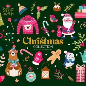 Pacote de clipart de Natal SVG PNG, Papai Noel fofo e caprichoso, presentes e enfeites, ilustrações de feriados para artesanato, arquivos digitais