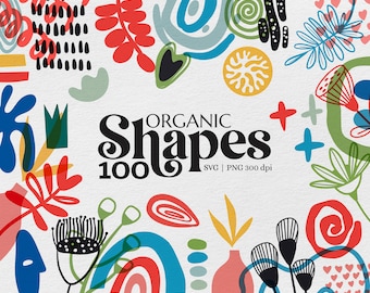 May include: A set of 100 organic shapes in various colors and styles, including abstract shapes, leaves, flowers, and swirls. The shapes are perfect for creating digital designs, scrapbooking, and other creative projects. The text "ORGANIC Shapes 100 SVG | PNG 300 dpi" is included in the image.