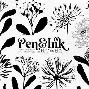 Pacote de clipart de flores de tinta - desenhado à mão para convites, embalagens, cartões, diários, artesanato em papel, caneta vintage, arte floral botânica