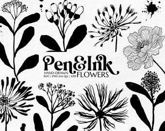 Ink Flower Clipart Bundle – Hand-Drawn Vintage Botanical SVG PNG EPS