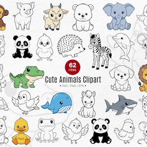 Paquete de imágenes prediseñadas de animales lindos SVG para decoración de jardín de infantes, tarjetas didácticas, manualidades, herramientas de enseñanza, etiquetas, actividades de aprendizaje para niños, camisetas y tazas.