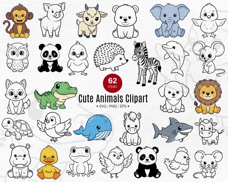 Cute Animal Clipart Bundle, SVG PNG EPS, Kids Learning (Digital Download) image 1