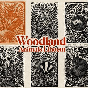 May include: A collection of six rectangular linocut illustrations featuring a fox, owl, hedgehog, deer, badger, and squirrel surrounded by ferns and foliage. The text Woodland Animals Linocut is centred, with SVG, PNG 300 dpi, EPS, and PDF listed below.