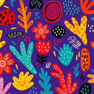 May include: A vibrant, abstract pattern featuring colorful floral and leaf-like shapes in red, yellow, orange, and teal against a deep purple background. The design includes dots, dashes, and other graphic elements.