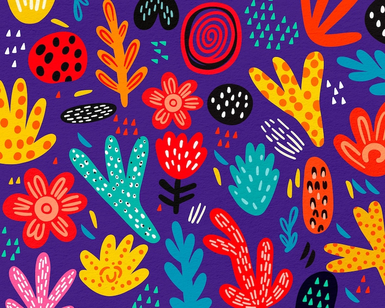 May include: A vibrant, abstract pattern featuring colorful floral and leaf-like shapes in red, yellow, orange, and teal against a deep purple background. The design includes dots, dashes, and other graphic elements.