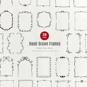 Pode incluir: Uma coleção de 35 molduras desenhadas à mão em preto e branco, com várias formas. As molduras apresentam elementos decorativos como laços, redemoinhos e corações. A imagem inclui o texto "Hand-Drawn Frames" e informações de arquivos.