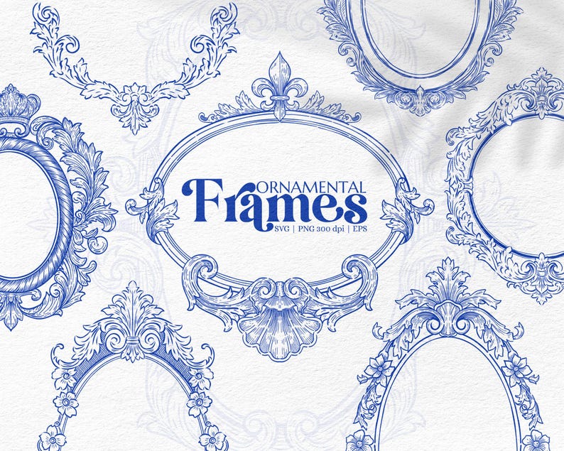 Puede incluir: Marcos ornamentales azules en varias formas, incluyendo dise&ntilde;os ovalados, redondos y arqueados. El texto "Ornamental Frames" est&aacute; presente. Los marcos presentan intrincados detalles florales y de volutas.