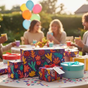 May include: A festive outdoor scene with a group of people gathered around a table. Several wrapped gifts with colorful floral patterns and ribbons are on the table. Balloons and confetti add to the celebratory atmosphere.