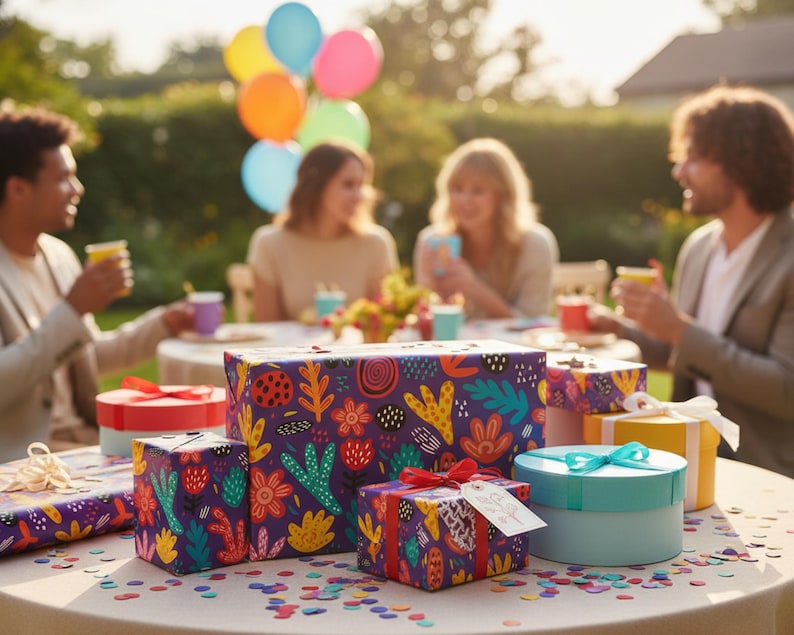 May include: A festive outdoor scene with a group of people gathered around a table. Several wrapped gifts with colorful floral patterns and ribbons are on the table. Balloons and confetti add to the celebratory atmosphere.