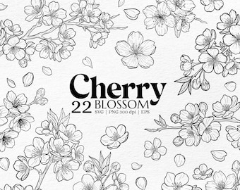Cherry Blossom Line Art Clipart – Hand-drawn Flower for Wedding Invitations and Digital Crafts