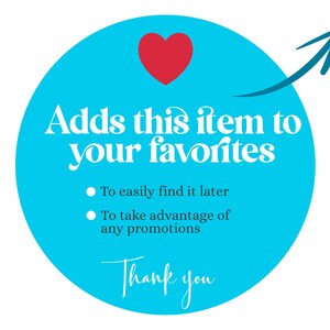 Pode incluir: Um gr&aacute;fico redondo azul claro com um cora&ccedil;&atilde;o vermelho e uma seta curva. O texto "Adiciona este item aos seus favoritos" &eacute; exibido, juntamente com marcadores que explicam os benef&iacute;cios de favoritar. As palavras "Obrigado" tamb&eacute;m est&atilde;o inclu&iacute;das.