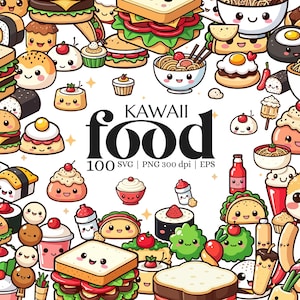 Kawaii Food Bundle SVG, Cute Food Clipart for Sublimation, Adorable Clipart for Crafts, Printables Stickers, Cards Illustration, T-Shirts