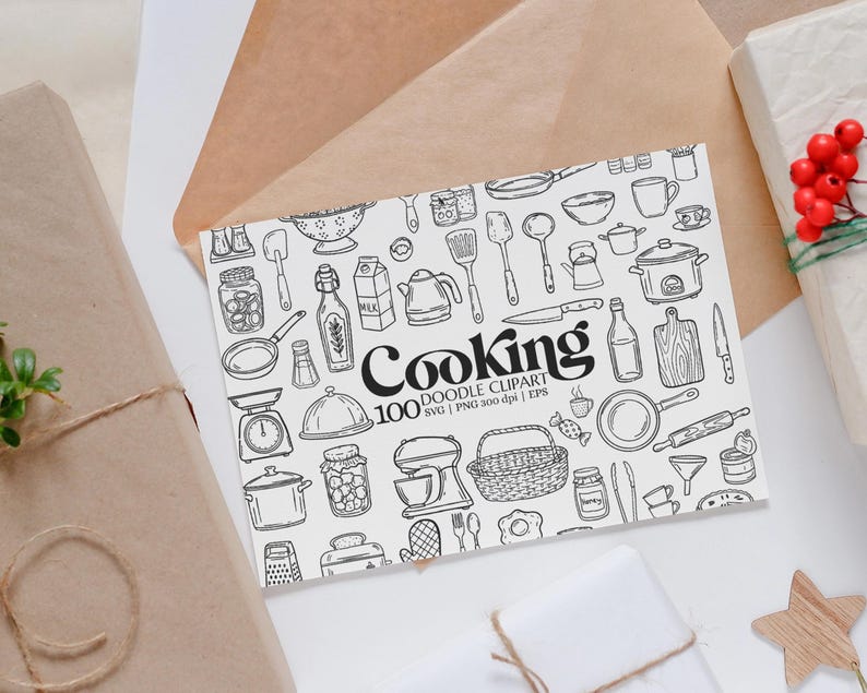 K&ouml;nnte beinhalten: Eine wei&szlig;e Karte mit schwarzen Strichzeichnungen von K&uuml;chenutensilien und Lebensmitteln, darunter T&ouml;pfe, Pfannen und ein Mixer. Das Wort "Cooking" steht in der Mitte der Karte. Die Karte ist von Geschenkverpackungen und dekorativen Elementen umgeben.