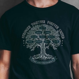 Pu&ograve; includere: Una maglietta nera con un design a forma di albero genealogico grigio. L'albero ha rami con nomi su ogni ramo, tra cui James, Michael, Charlotte, Alexander, Emma, William, Olivia, Benjamin, Sophia e Isabella. Il testo "Stronger Together Forever United" circonda l'albero, e il testo "The Smith Family" si trova nella parte inferiore del design.