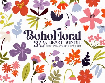 Boho Floral Clipart Bundle - 30 SVG handgezeichnete Blumengrafiken für Drucke und Kunsthandwerk