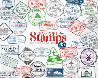 Reisepass Stempel SVG Bundle - 45 Land Ziel Clipart PNG EPS für Scrapbooking