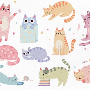 Pode incluir: Ilustra&ccedil;&otilde;es de gatos caprichosos em v&aacute;rias poses e cores. Os gatos s&atilde;o retratados em tons de rosa, azul, laranja e verde, com detalhes l&uacute;dicos como cora&ccedil;&otilde;es, estrelas e uma borboleta. Alguns gatos est&atilde;o dormindo, enquanto outros brincam ou est&atilde;o sentados.