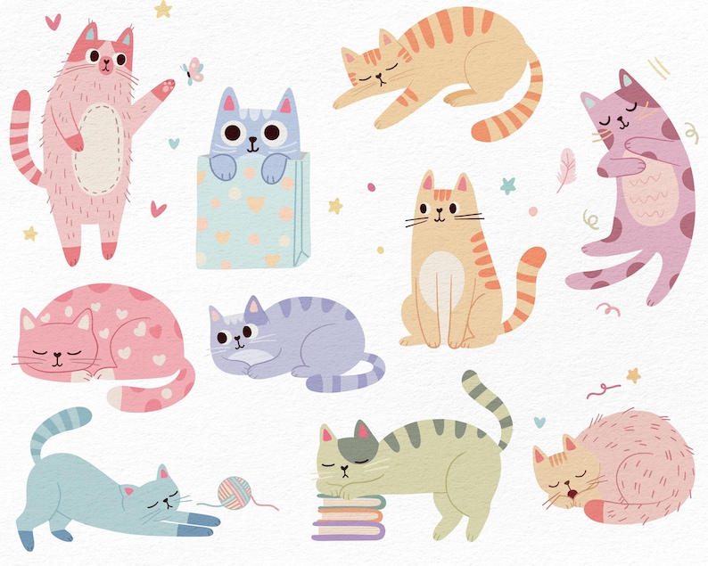 Pode incluir: Ilustra&ccedil;&otilde;es de gatos caprichosos em v&aacute;rias poses e cores. Os gatos s&atilde;o retratados em tons de rosa, azul, laranja e verde, com detalhes l&uacute;dicos como cora&ccedil;&otilde;es, estrelas e uma borboleta. Alguns gatos est&atilde;o dormindo, enquanto outros brincam ou est&atilde;o sentados.