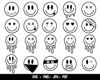 Smiley Face Bundle, Melting Face Bundle, Svg Files for Cricut & Silhouette, Black Svg, Groovy Svg, Happy Face Svg, Emoji Svg Png