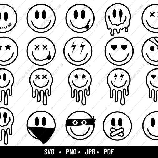 Smiley Face Bundle, Melting Face Bundle, Svg Files for Cricut & Silhouette, Black Svg, Groovy Svg, Happy Face Svg, Emoji Svg Png