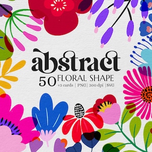 Ensemble de cliparts formes florales abstraites - fleurs, feuilles, fleurs de printemps, dessinés à la main, art textile, usage personnel, usage commercial, PNG