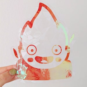 Attrape-soleil Calcifer, autocollant pour fenêtre Studio Ghibli, autocollant Démon de feu arc-en-ciel, autocollant attrape-soleil holographique, autocollant Le Château ambulant