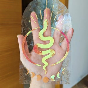 Adesivo acchiappasole a forma di serpente lunare, adesivo estivo arcobaleno, adesivo olografico per finestre, adesivo decorativo a forma di luna, adesivo a forma di serpente