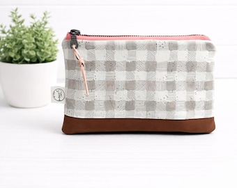 Gray Gingham Compact Zipper Bag | Zipper Pouch | Vegan Leather Bag