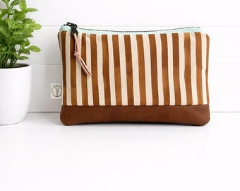 Brown Striped Compact Zipper Bag | Zipper Pouch | Vegan Leather Bag