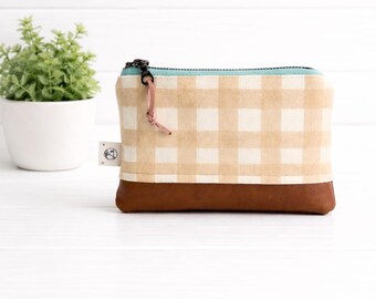 Tan Gingham Compact Zipper Bag | Zipper Pouch | Vegan Leather Bag