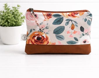 Gray Floral Compact Zipper Bag | Zipper Pouch | Vegan Leather Bag