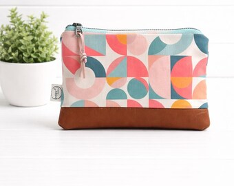 Pink Geometric Compact Zipper Bag | Zipper Pouch | Vegan Leather Bag