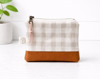 Gray Gingham Mini Zipper Bag | Zipper Pouch | Vegan Leather Coin Bag