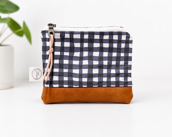 Mini Zipper Bag | Zipper Pouch | Gingham Cotton & Vegan Leather Coin Bag