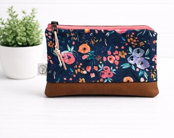 Bright Floral Compact Zipper Bag | Zipper Pouch | Vegan Leather Bag