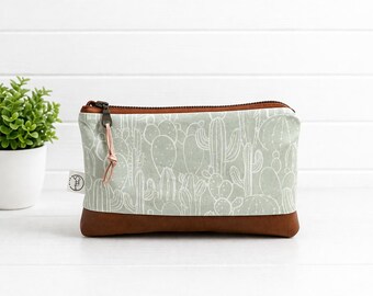 Green Boho Cactus Compact Zipper Bag | Zipper Pouch | Vegan Leather Bag