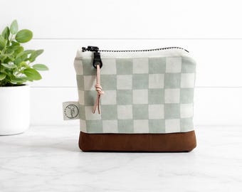 Sage Checkered Mini Zipper Bag | Zipper Pouch | Vegan Leather Coin Bag