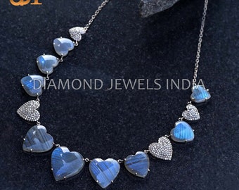 Collar de corazón de labradorita con pavé de diamantes: plata 925 oxidada, cadena de 45 cm