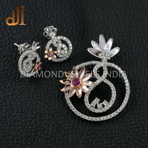Solid 14k White Gold Pendant Earrings Set, Pave Diamond Jewelry, Rose Gold Flower Ruby Gemstone Woman&#39;s Jewelry Christmas Gift New Design